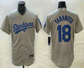 Mens Los Angeles Dodgers #18 Yoshinobu Yamamoto Gray Stitched Flex Base Nike Jersey